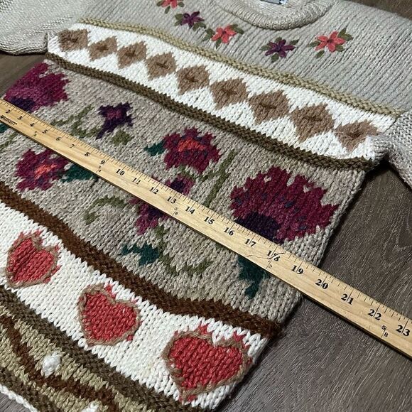Vintage 90s Cabin Creek Women Knit Sweater Granny Beige Hearts Floral Size L - Picture 8 of 9